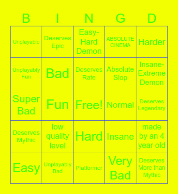 Geometry Dash Recent Tab Bingo (GDRTB) Bingo Card