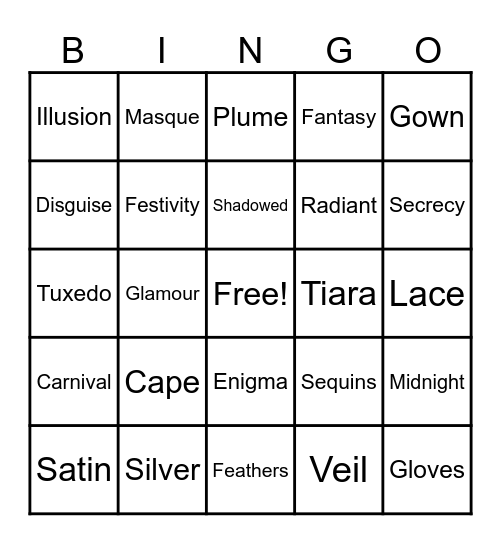 Masquerade Party Bingo Card