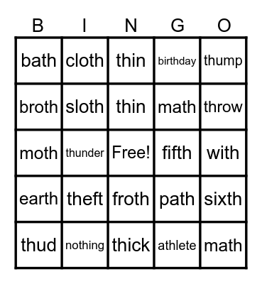 Unvoiced th /th/: Lesson 47 Bingo Card