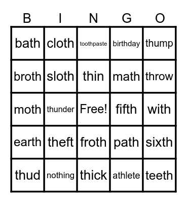 Unvoiced th /th/: Lesson 47 Bingo Card