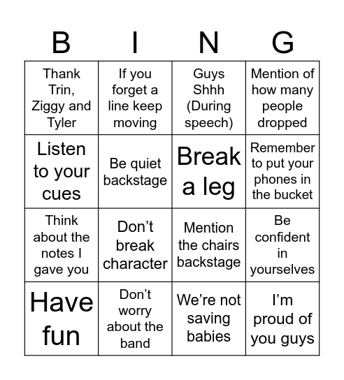 Opening night speech Bingo Card