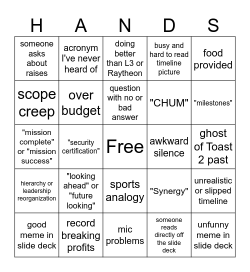 All hands BINGO Card