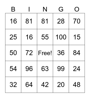 Multiplication Bingo Card
