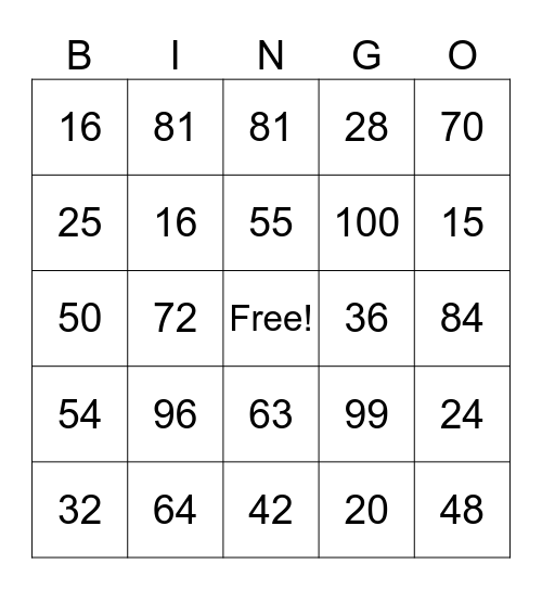 Multiplication Bingo Card