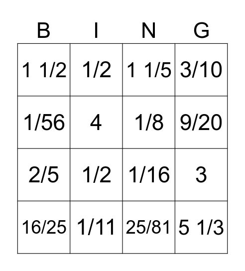 Multiplying Fractions Bingo Card