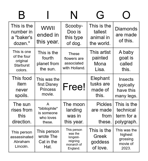 Trivia #2 Bingo Card