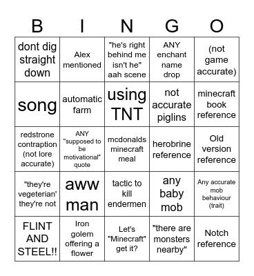 Minecraft film Bingo Card