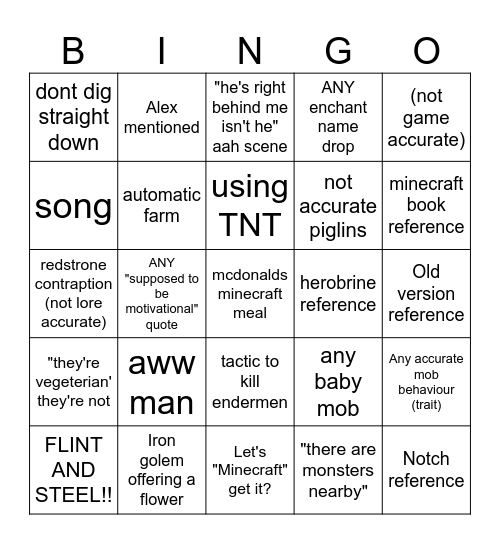 Minecraft film Bingo Card