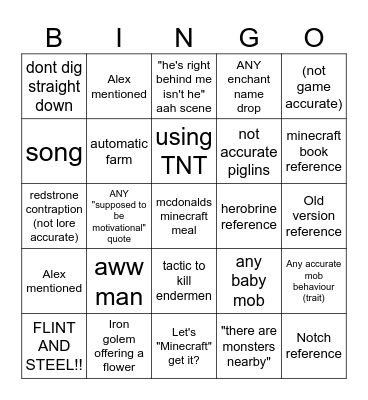 Minecraft film Bingo Card