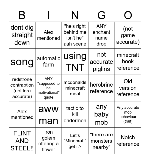 Minecraft film Bingo Card