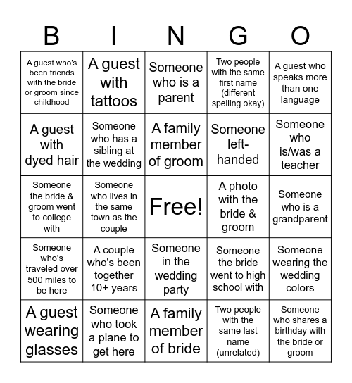 Wedding Guest Photo Bingo Card