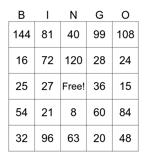 Multiplication Bingo Card