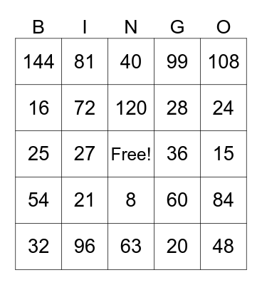 Multiplication Bingo Card