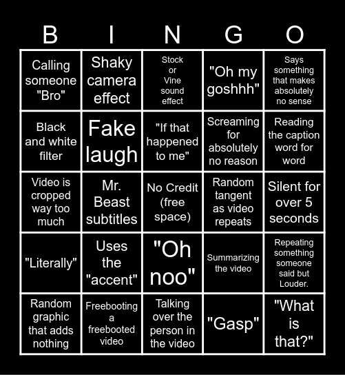 Sssniperwolf Bingo Card