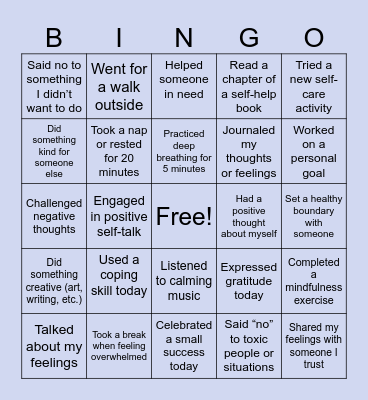 Mental Health Bingo Card