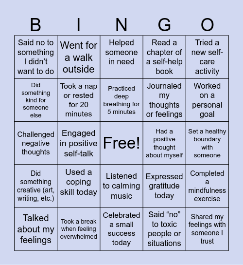 Mental Health Bingo Card