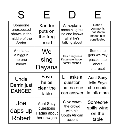 Pesach Seder Bingo Card