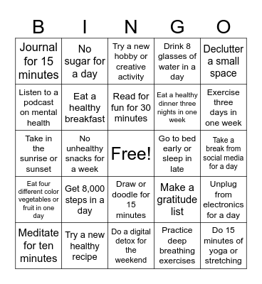Mental Health Care Bingo Card