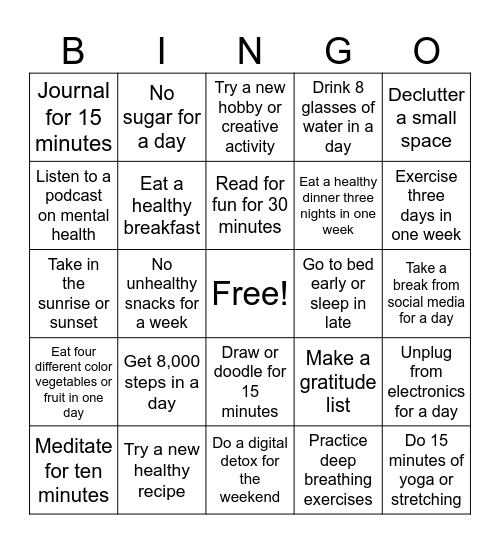 Mental Health Care Bingo Card