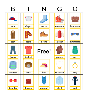 Clothes and Accessories Bingo Card