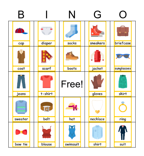 Clothes and Accessories Bingo Card
