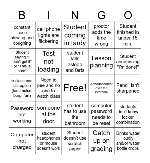 State Testing Bingo Card