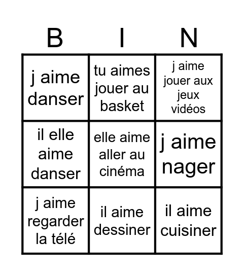 Les sports et les loisirs Bingo Card
