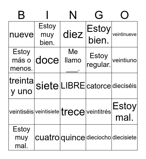 BINGO ESPAÑOL - 5th grade Bingo Card