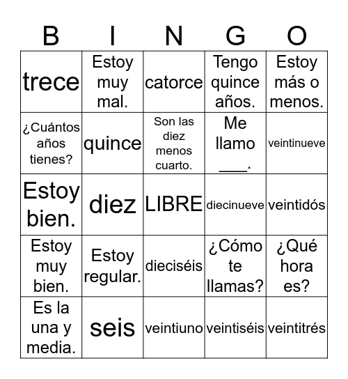 BINGO ESPAÑOL 6th grade Bingo Card