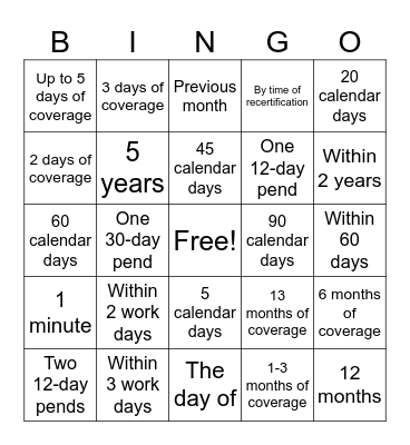 FCM Timeframes Bingo Card