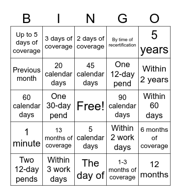 FCM Timeframes Bingo Card