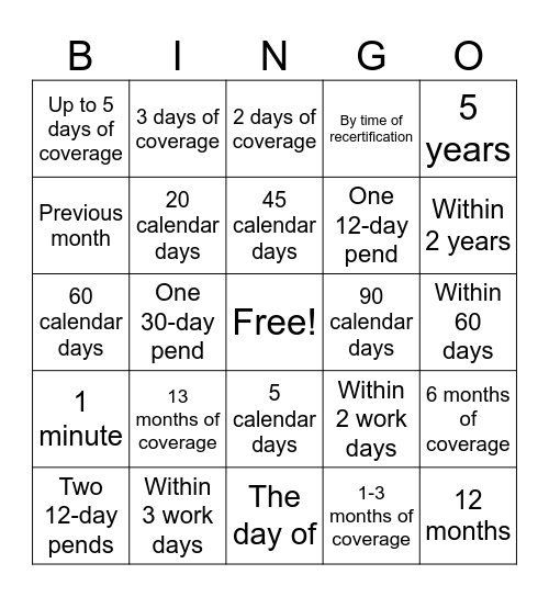 FCM Timeframes Bingo Card