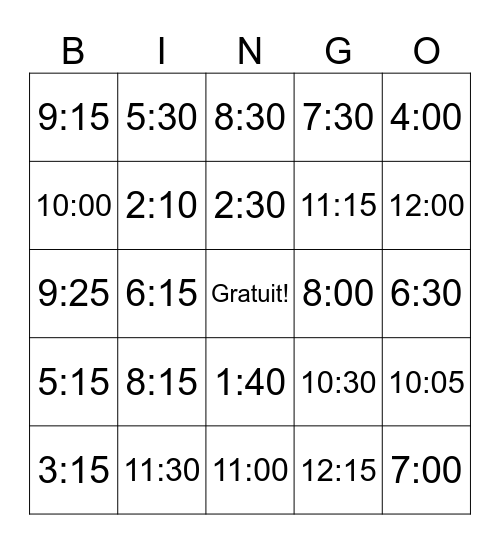 L'heure Bingo Card