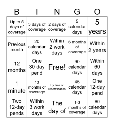 FCM Timeframes Bingo Card