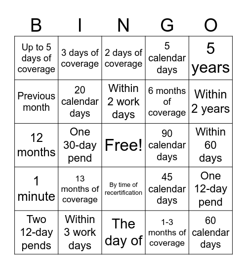 FCM Timeframes Bingo Card