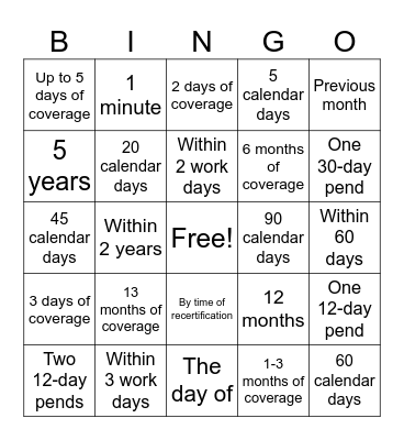 FCM Timeframes Bingo Card