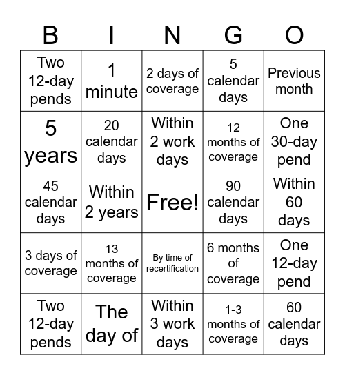 FCM Timeframes Bingo Card