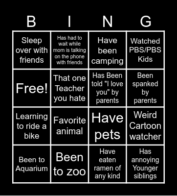 Normal Childhood Bingo Card
