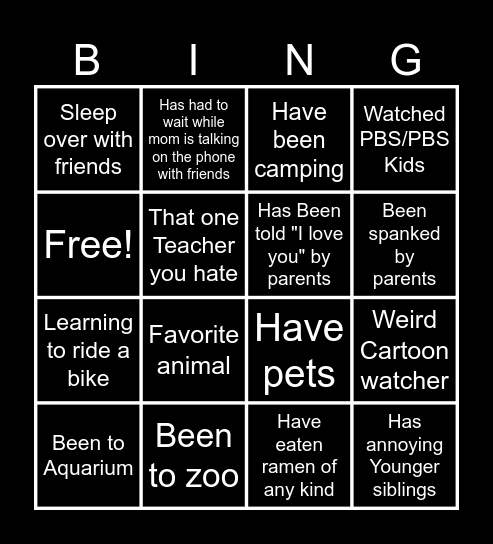 Normal Childhood Bingo Card