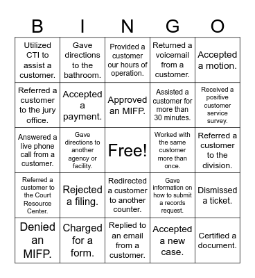 Customer Service Bingo Card