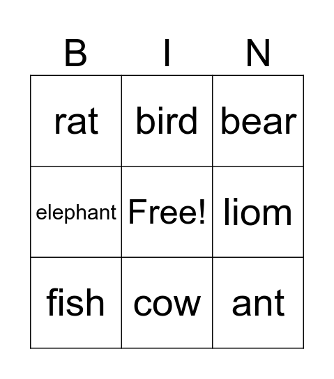 Animal Bingo Card