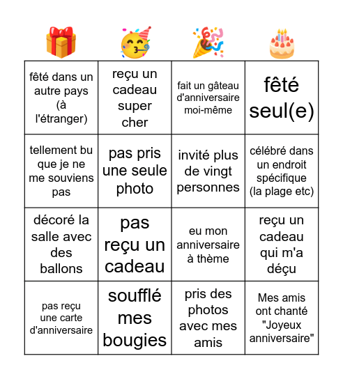 ANNIVERSAIRE Bingo Card
