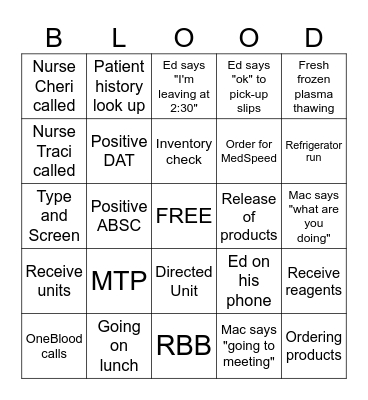 Blood Bank Bingo Card