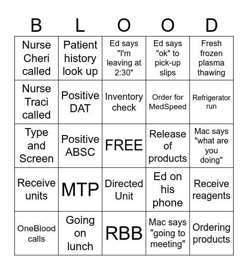 Blood Bank Bingo Card