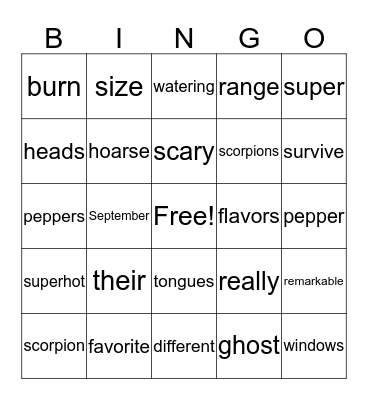 /r/ and /z/ Hot Pepper Bingo Card