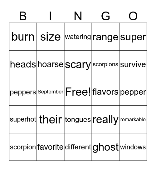 /r/ and /z/ Hot Pepper Bingo Card