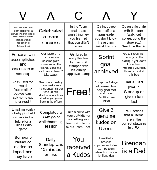 Scrum Master on Vacation Bingo Card