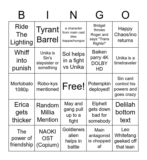 Guilty Gear Dual Rulers Bingo Card