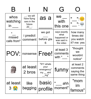 yt shorts comments Bingo Card