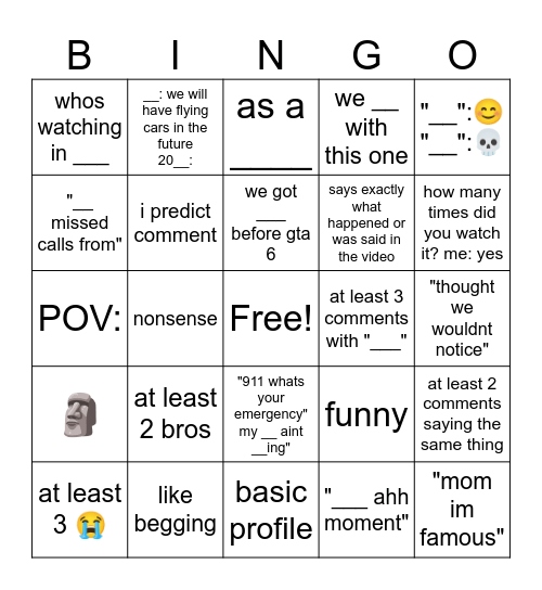 yt shorts comments Bingo Card